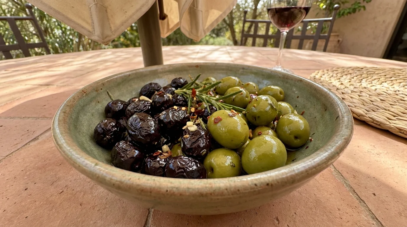 A bowl of mixed green and black olives on a terracotta table in dappled sunlight.