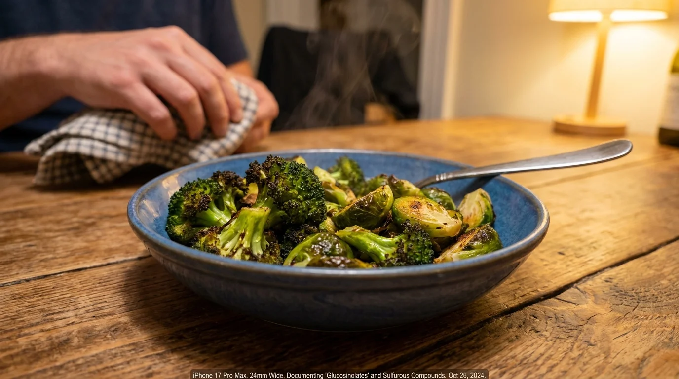 A bowl of roasted broccoli and Brussels sprouts on a wooden table, showing charred edges and rising steam.