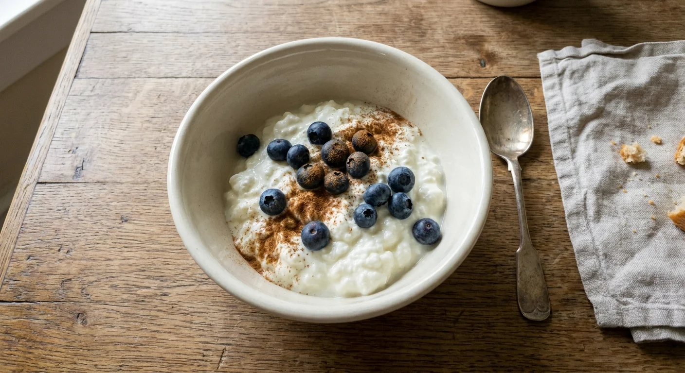 A bowl of thick Greek yogurt topped with blueberries and cinnamon on a wooden table.