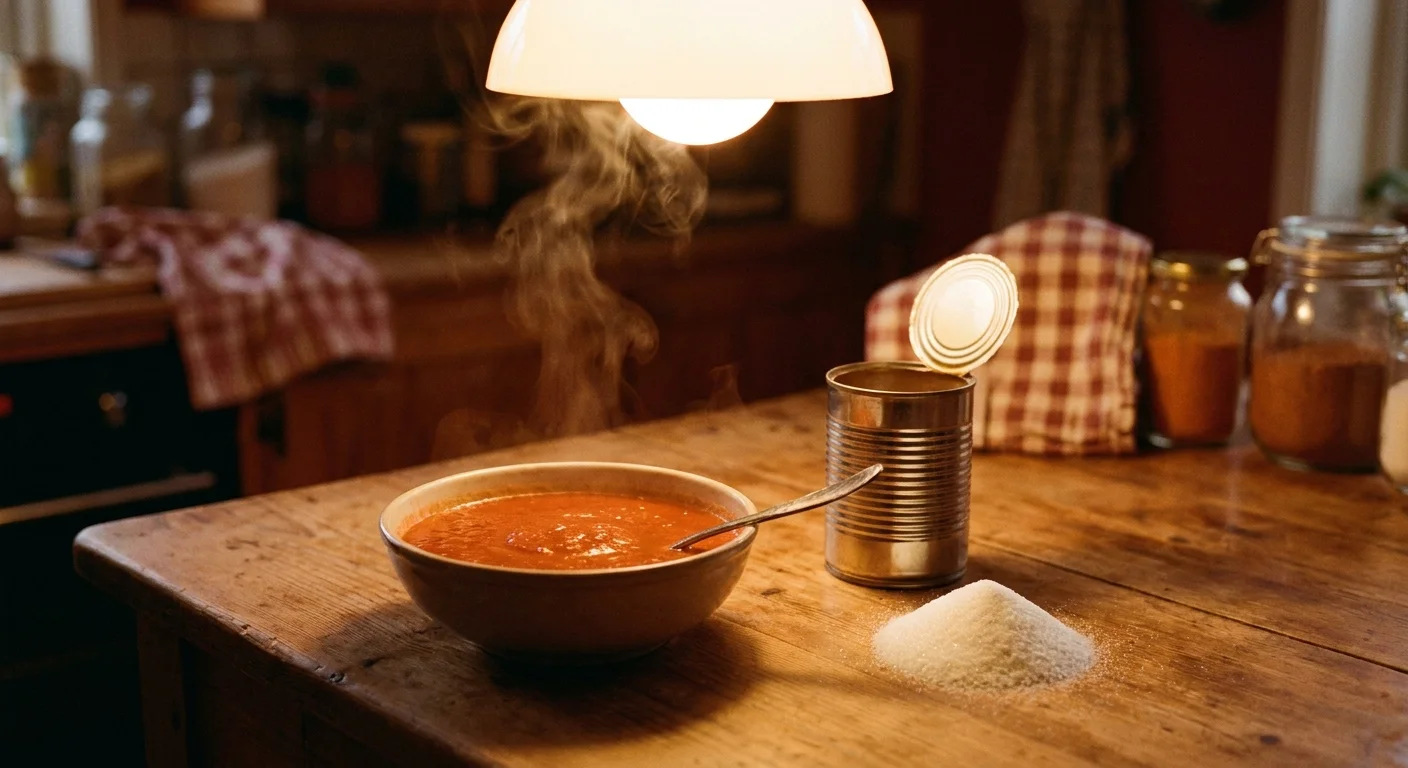 A bowl of tomato soup next to an open tin can and a small pile of sugar on a wooden table.