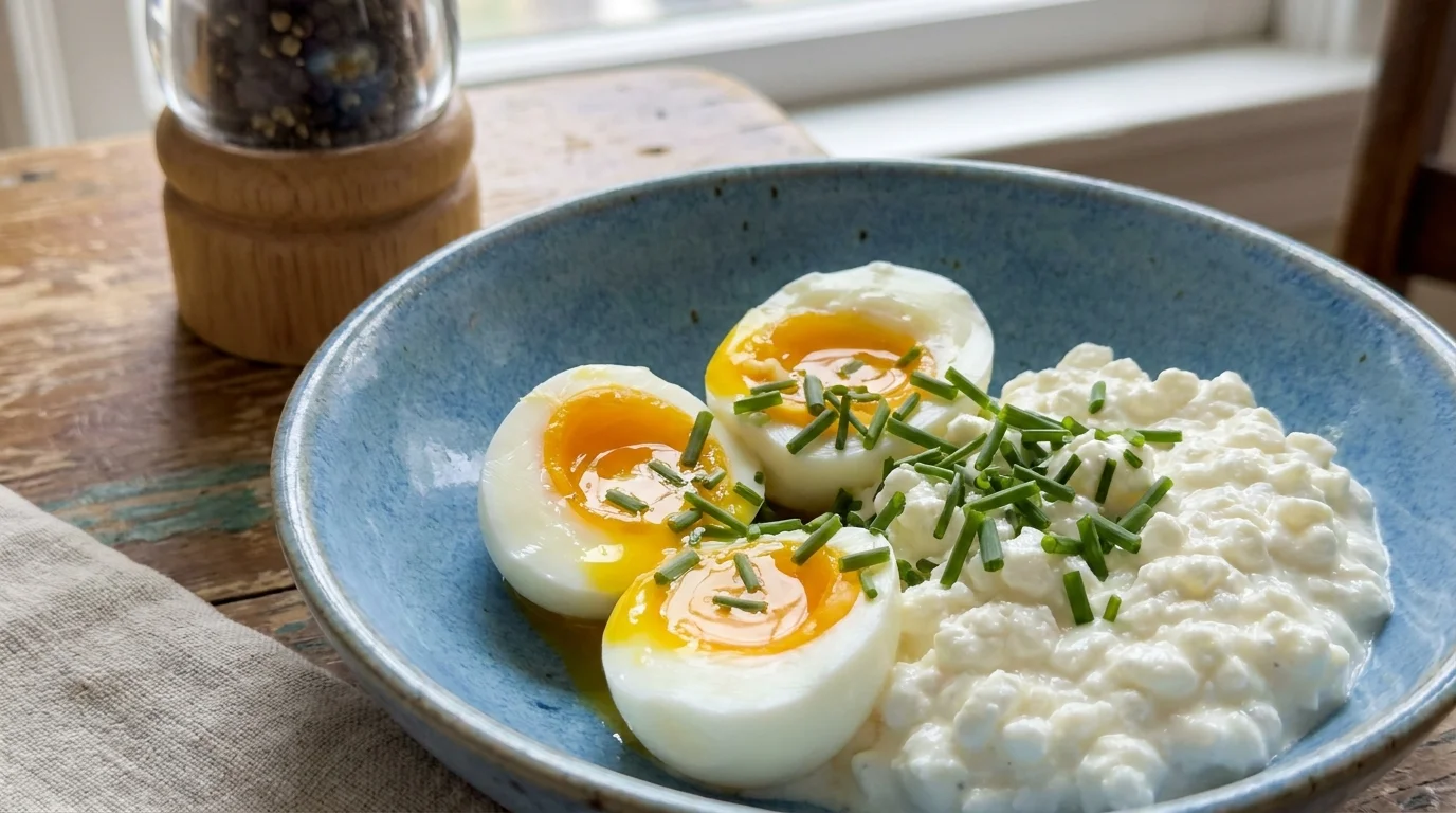 A breakfast bowl with halved soft-boiled eggs, a scoop of cottage cheese, and chopped chives.