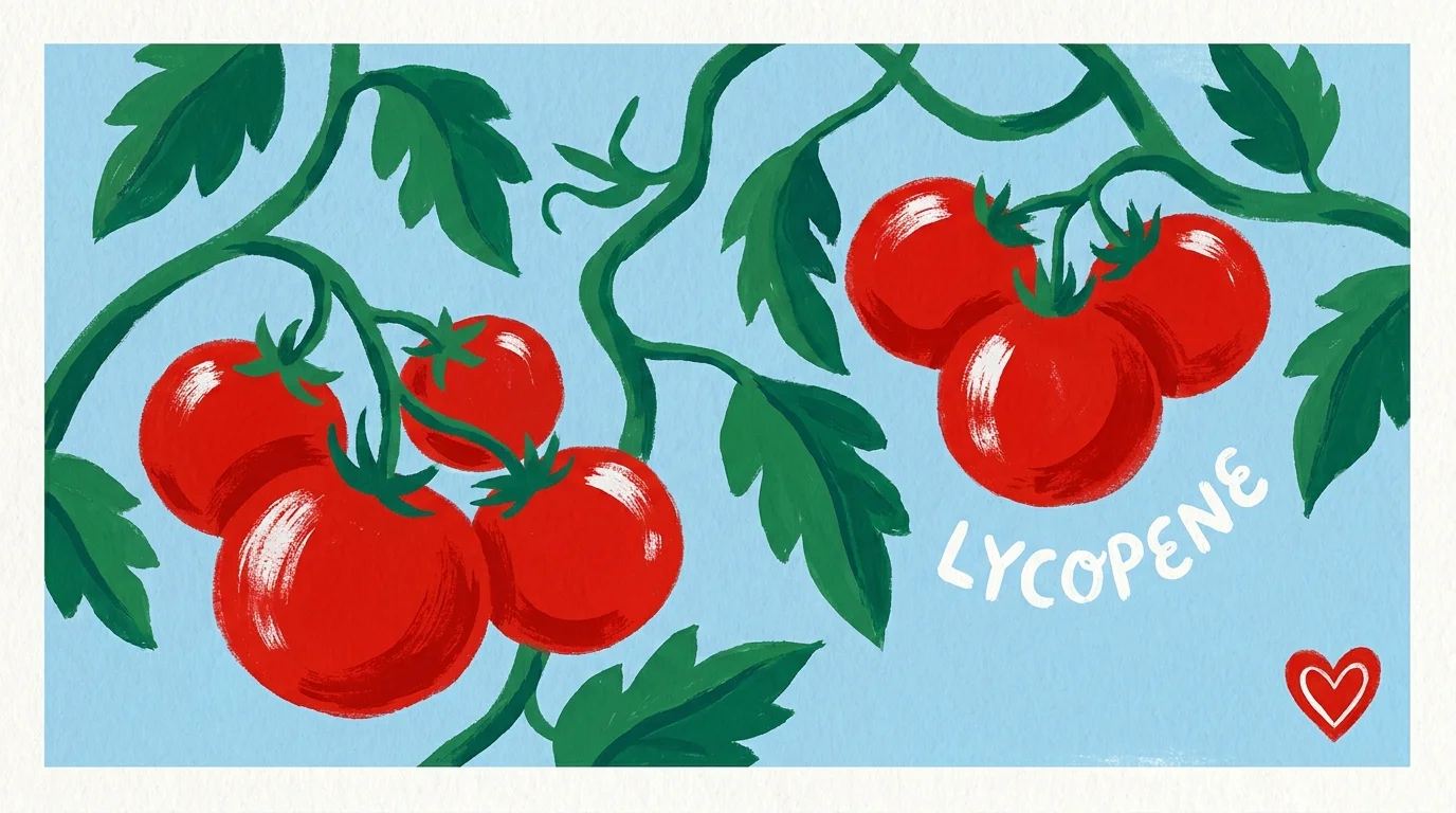 A bright and stylized gouache painting of red tomatoes on a vine against a blue background.