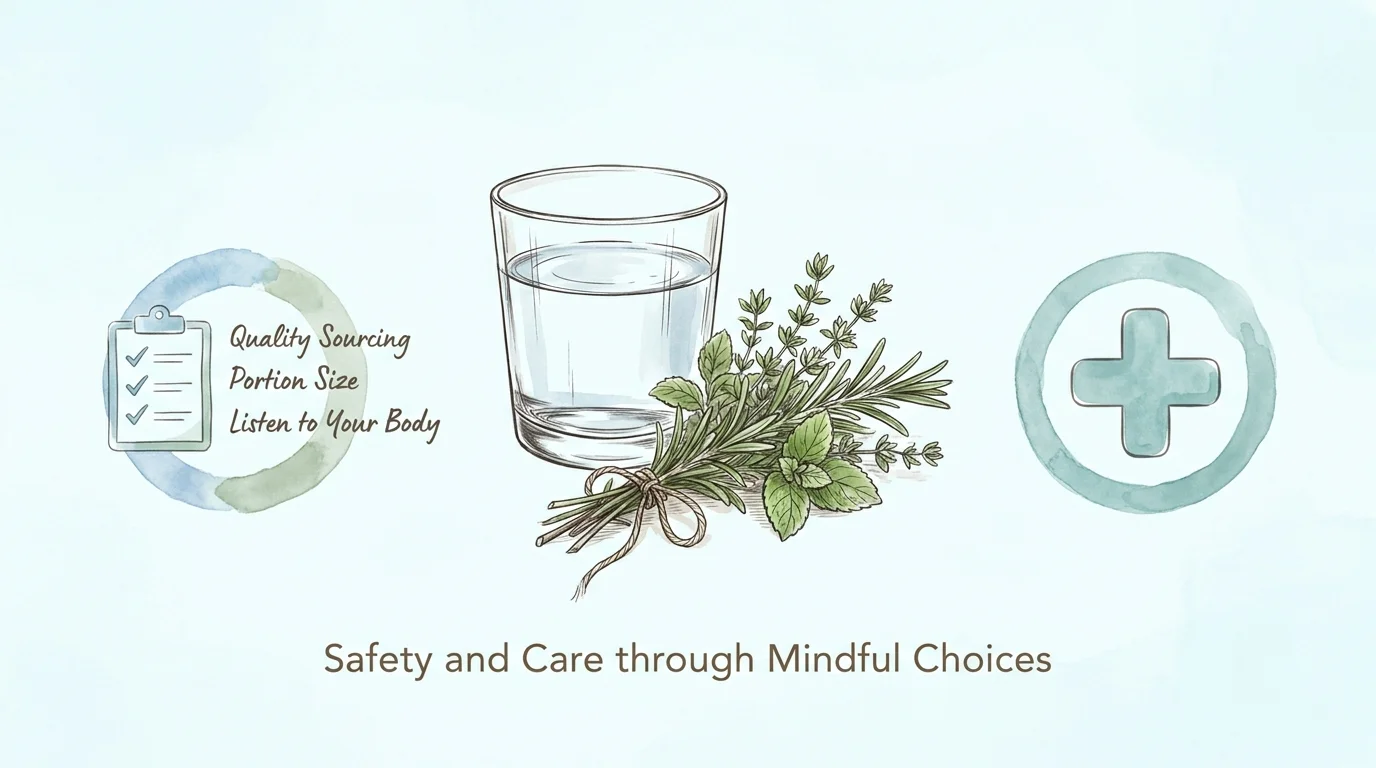 A calming blue watercolor illustration with a checklist for food safety and listening to your body.
