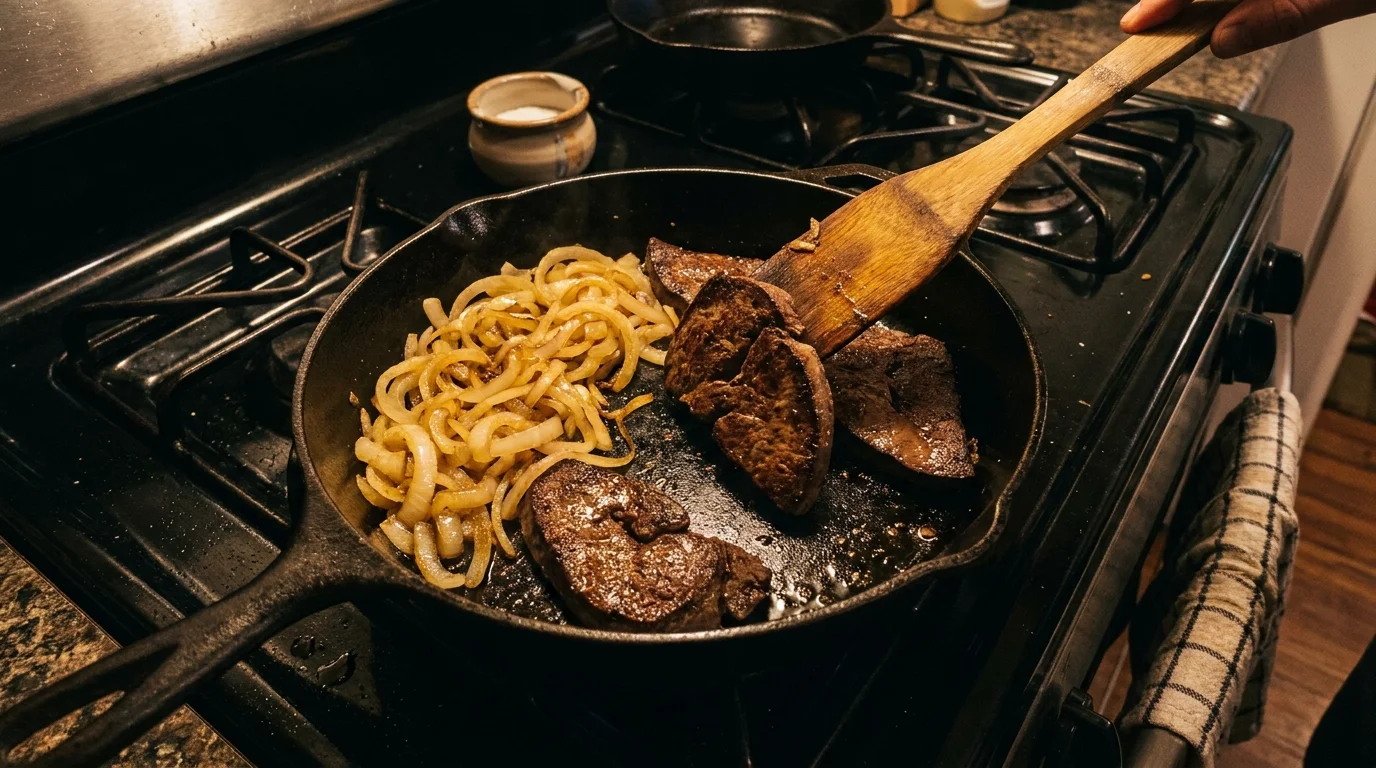 A candid kitchen photo of beef liver and onions sizzling in a cast-iron skillet under warm stovetop lighting.