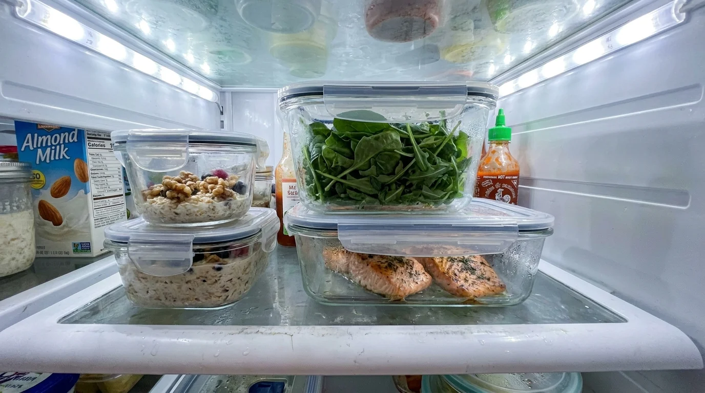 A candid photo of a refrigerator shelf filled with prepped healthy meals in glass containers.