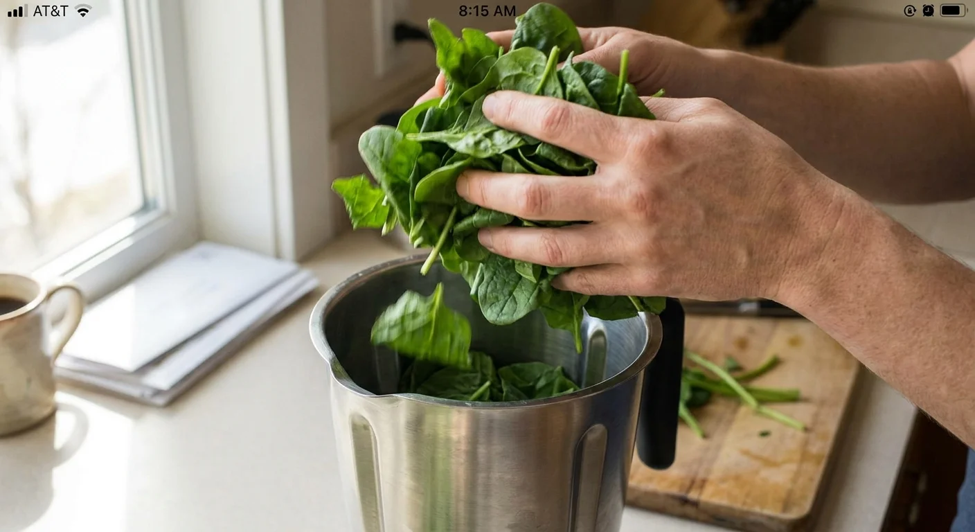 A candid photo of hands putting fresh spinach into a blender in a bright, real-life kitchen.