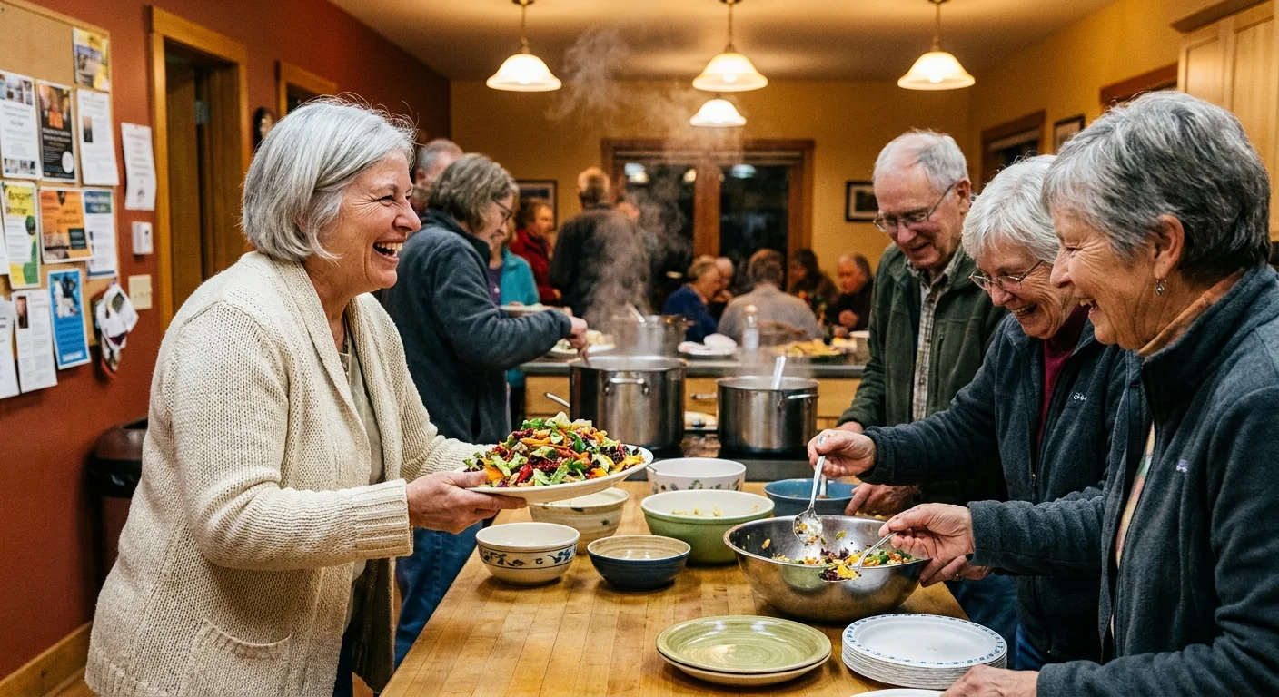 A candid photo of seniors laughing and sharing a healthy meal at a community gathering.