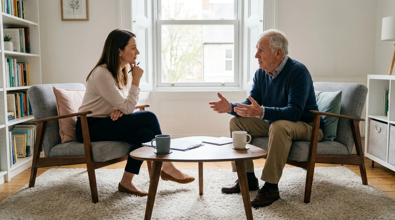A candid photograph of an older man talking with a nutritionist in a warm, comfortable setting.
