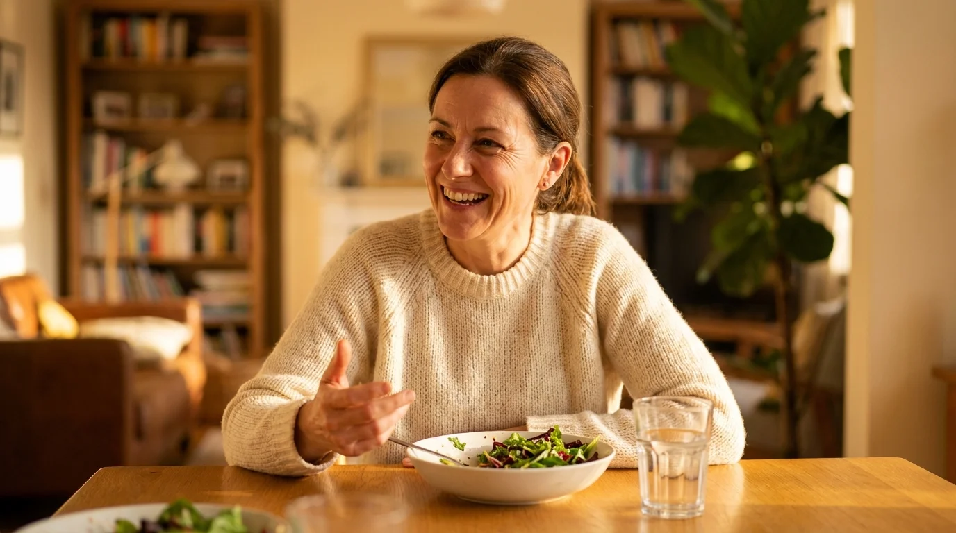 A candid portrait of a woman sitting at a sunlit table, representing a real person's health journey.