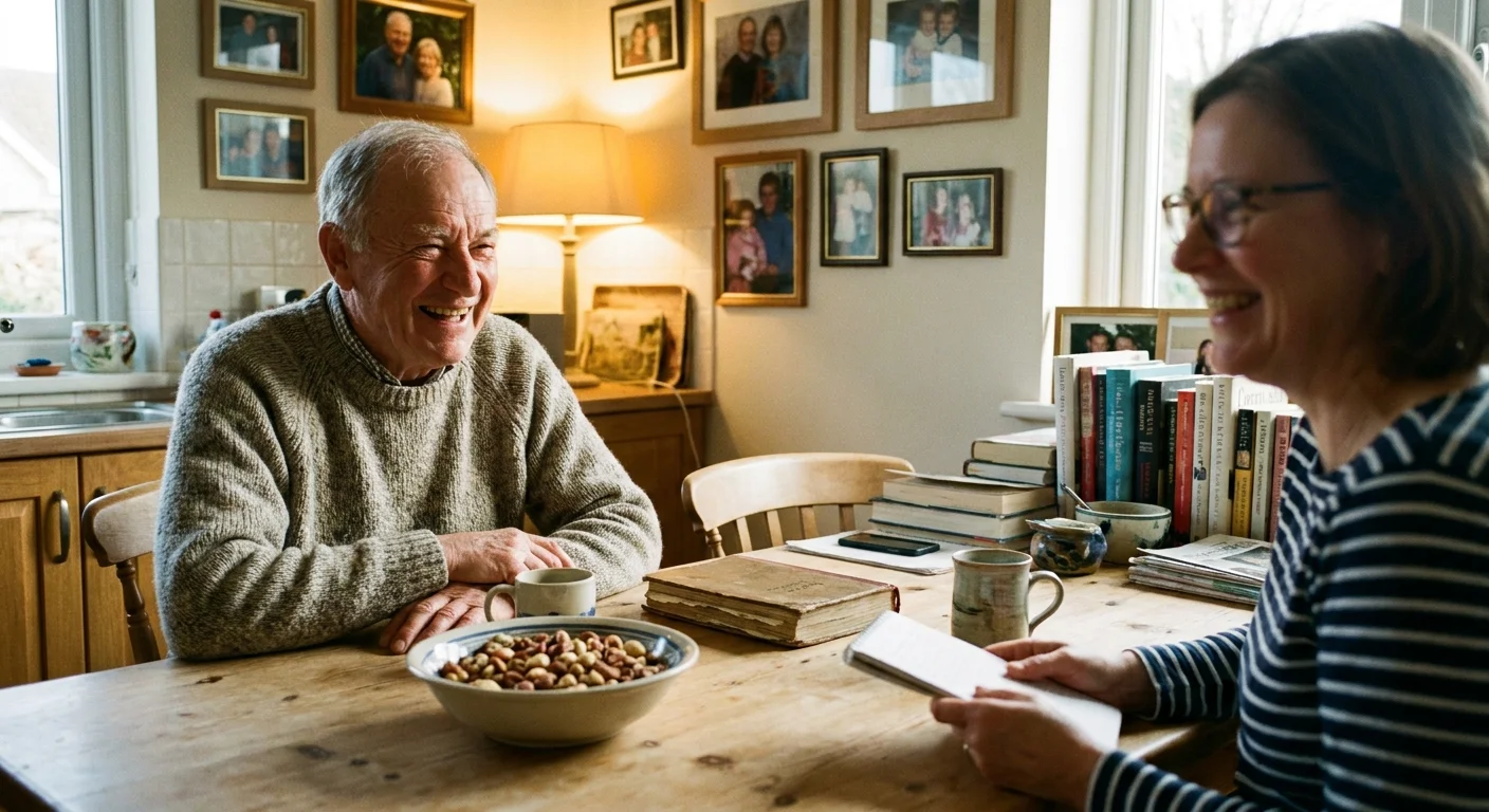 A candid, warm photograph of an older man talking with a nutritionist at a kitchen table in a lived-in home.