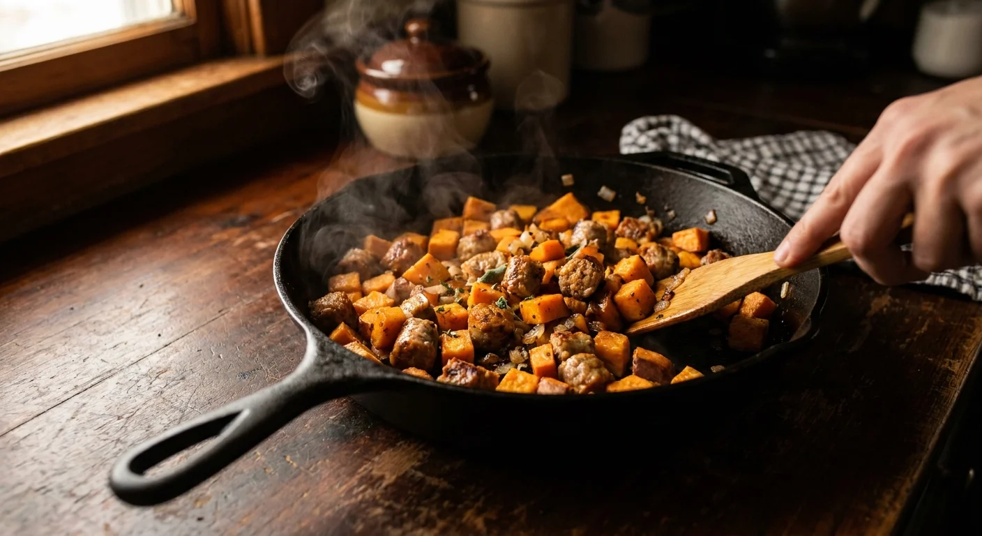 A cast-iron skillet containing a savory hash of diced sweet potatoes and browned turkey sausage.