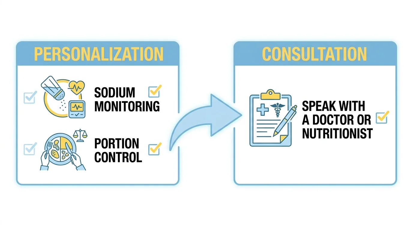 A checklist infographic advising on sodium monitoring and consulting a doctor for diet personalization.