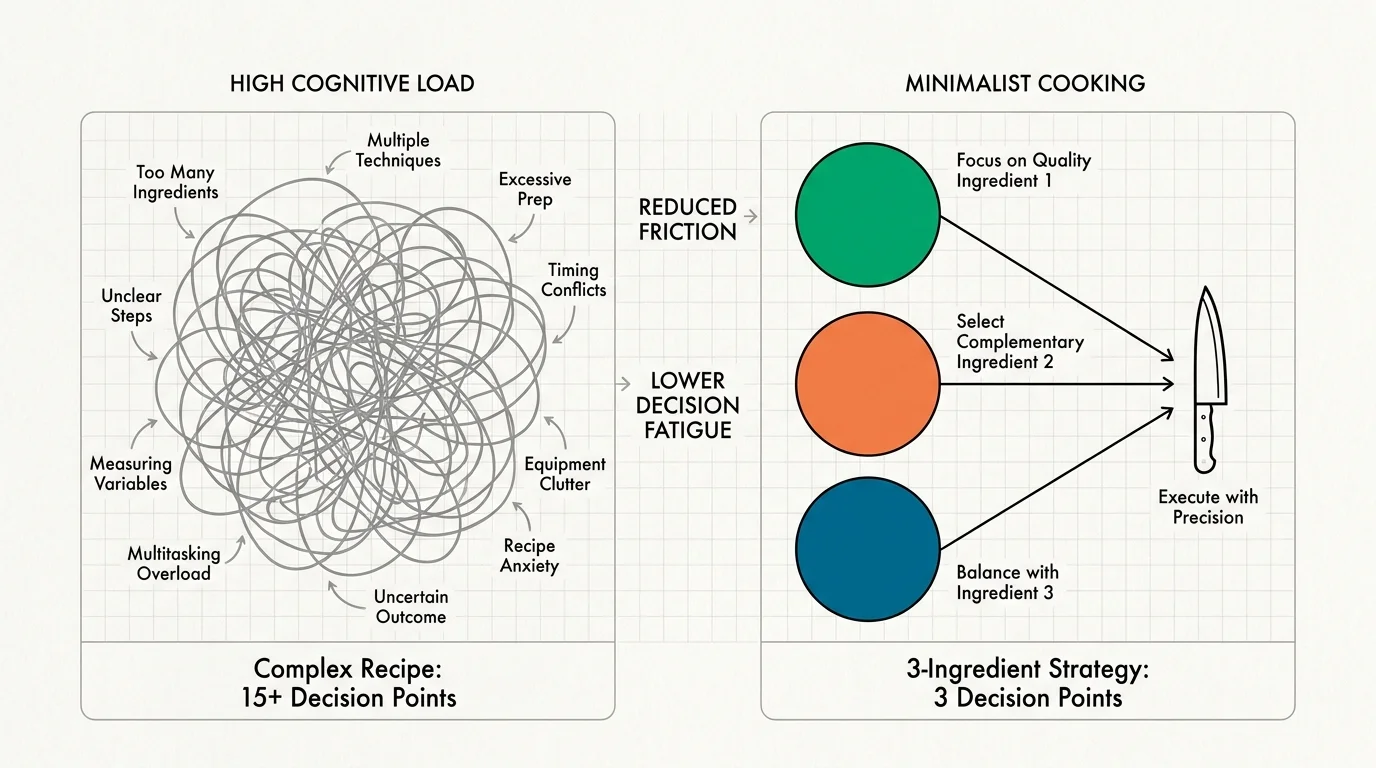 A clean diagram comparing the complexity of a 15-ingredient recipe to the simplicity of a 3-ingredient meal plan.