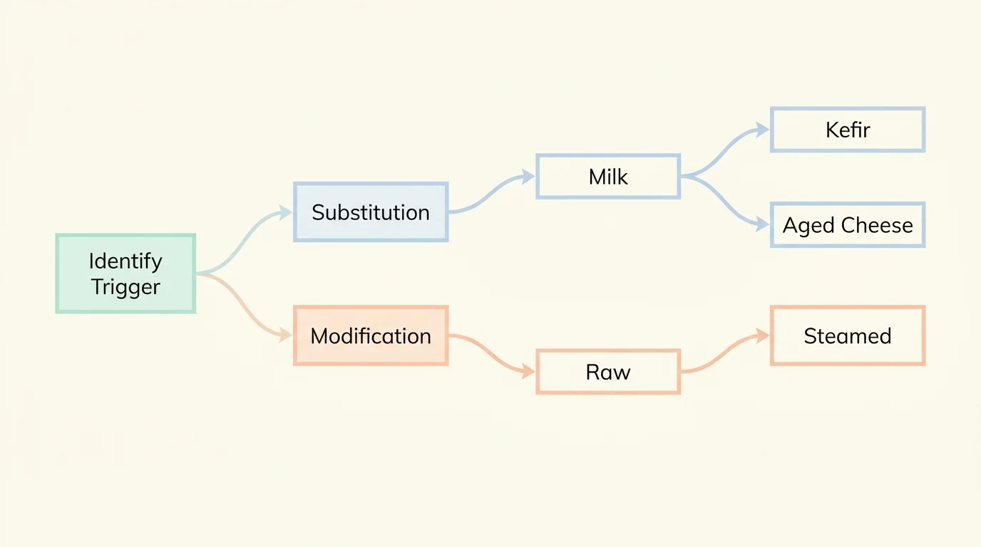 A clean flowchart diagram showing how to personalize a diet by substituting or modifying trigger foods.