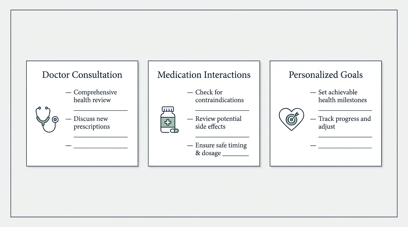 A clean, horizontal diagram showing three safety checklist cards for consulting a doctor about dietary changes.