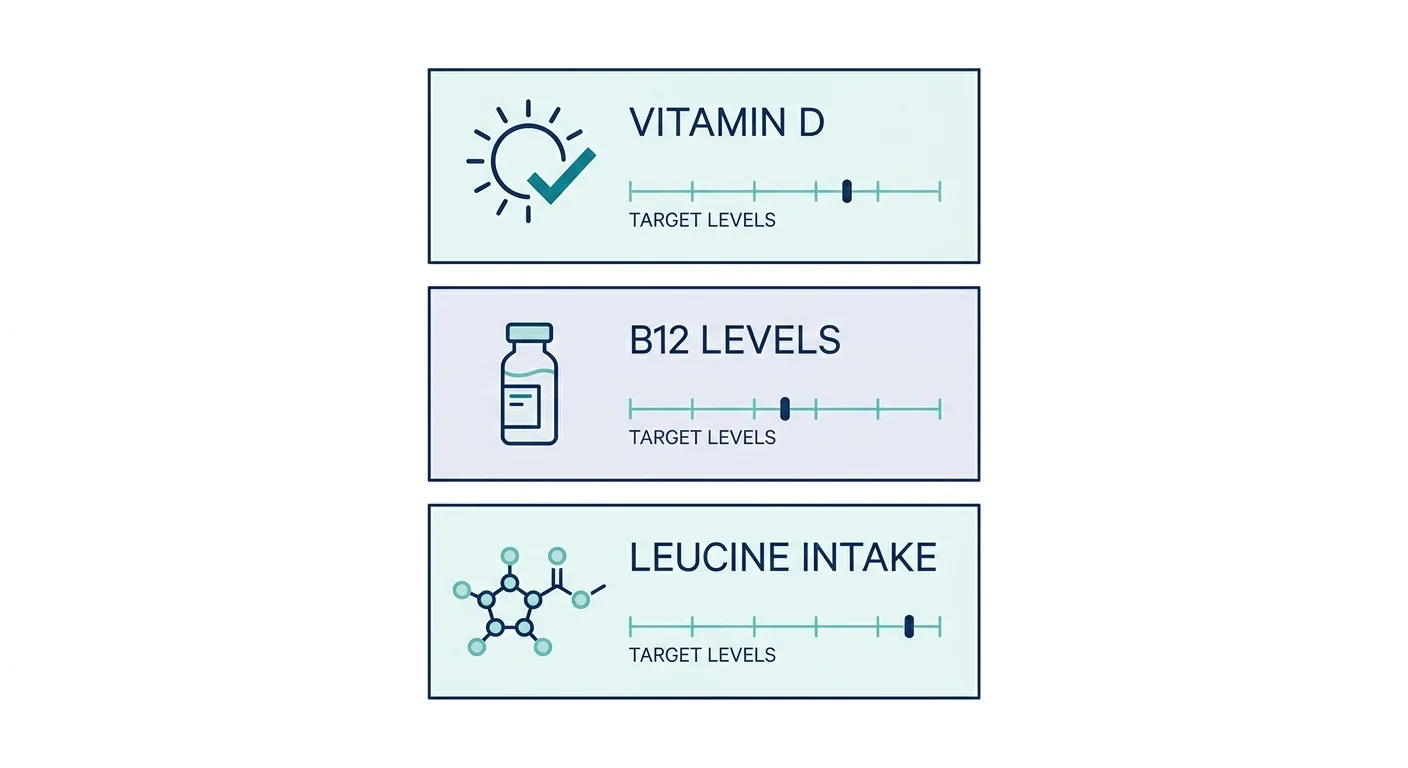 A clean infographic showing medical icons for Vitamin D, B12, and Leucine monitoring.