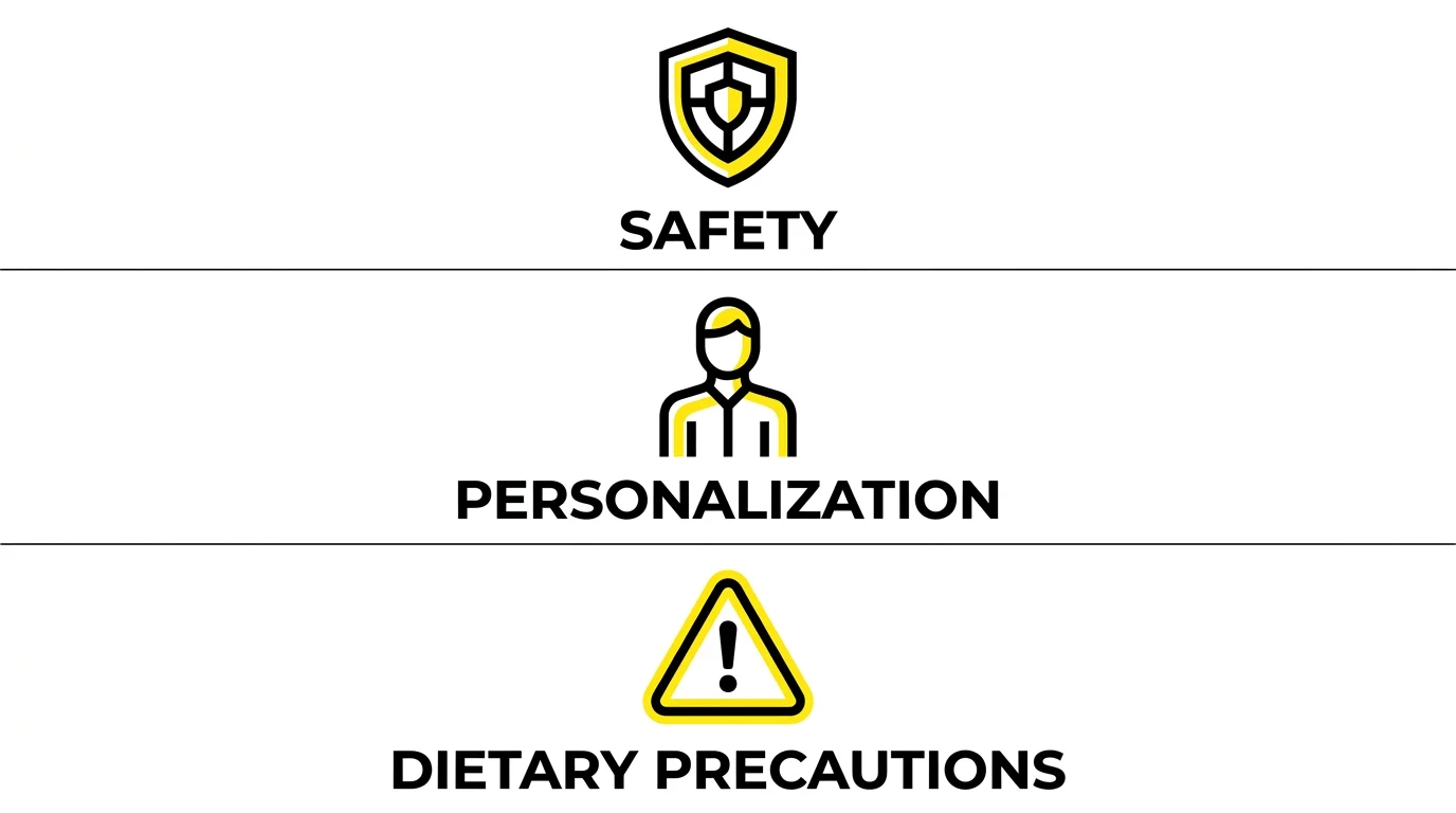 A clean infographic with icons representing safety, personalization, and dietary precautions.