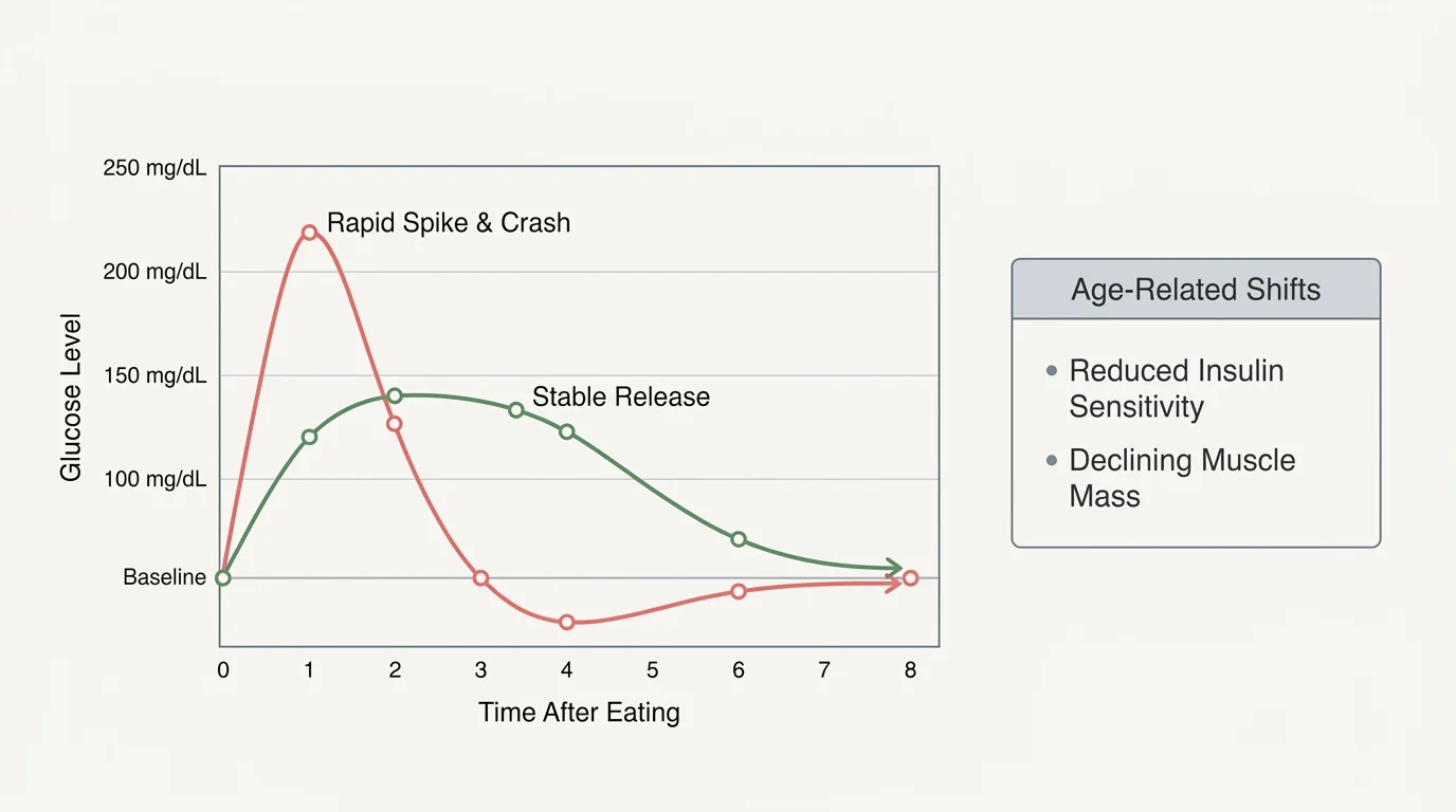 A clean line graph comparing a sharp blood sugar spike from processed carbs to the stable energy of whole foods.