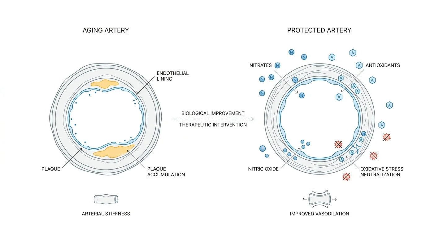 A clean medical diagram comparing a stiff, plaque-filled artery with a healthy, dilated artery protected by nutrients.