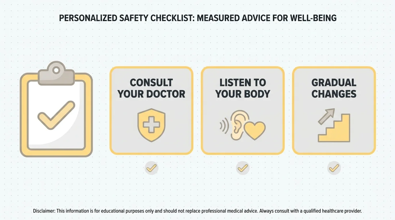 A clear checklist infographic for safety, emphasizing consulting a doctor and making gradual dietary changes.