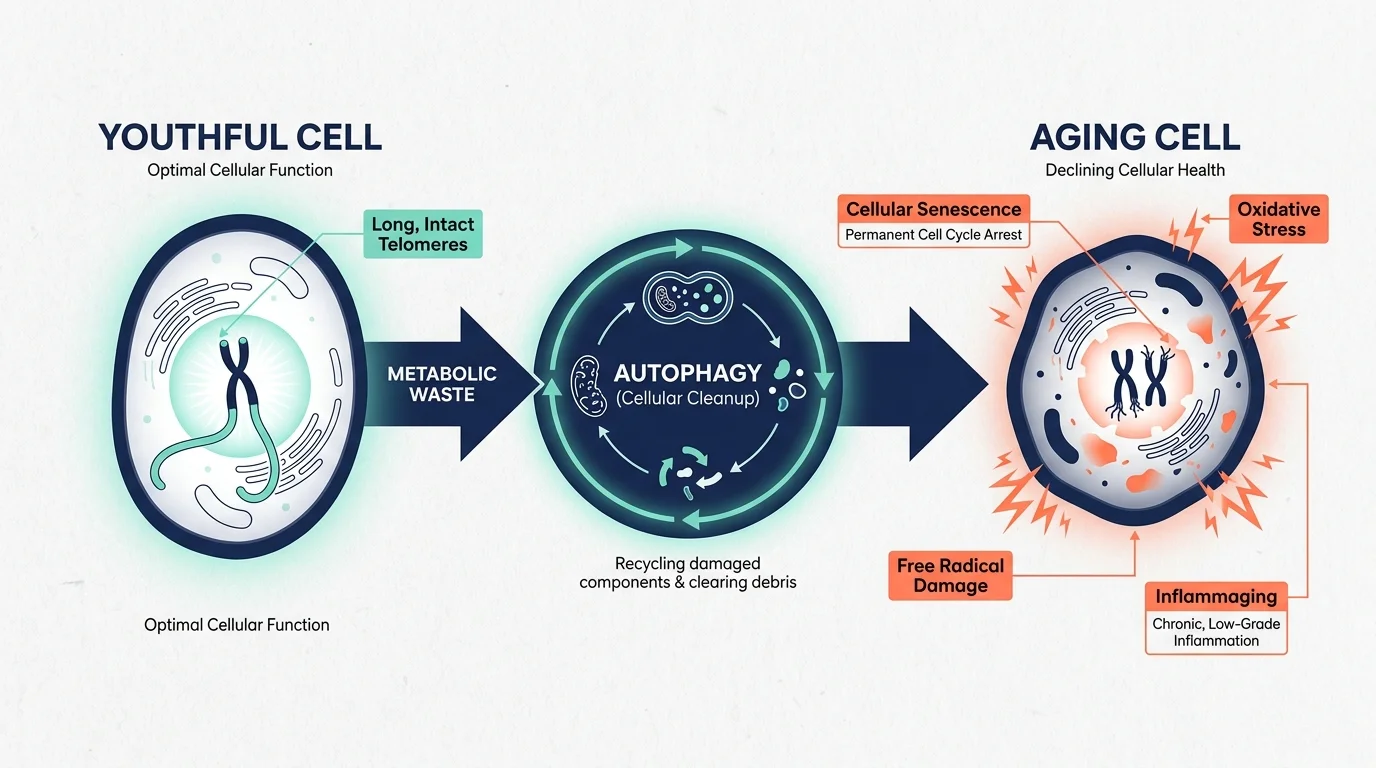 A clinical diagram showing the cellular process of aging, telomere shortening, and the role of autophagy in cellular cleanup.
