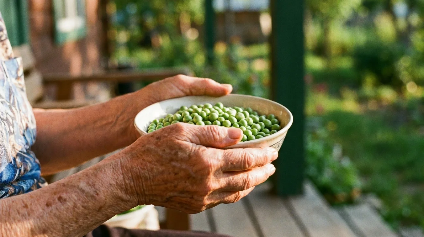 A close-up 35mm photo of an elderly person's weathered hands holding a bowl of fresh green peas.