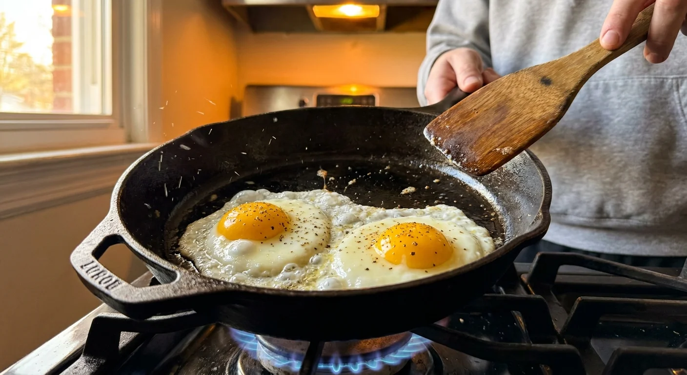 A close-up, candid photo of eggs cooking in a cast-iron skillet on a kitchen stove.