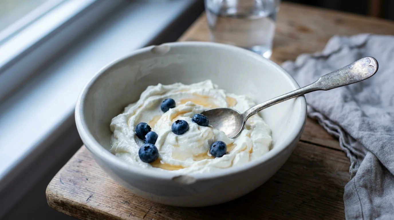 A close-up of a bowl of thick Greek yogurt topped with blueberries and honey, emphasizing its protein-rich texture.