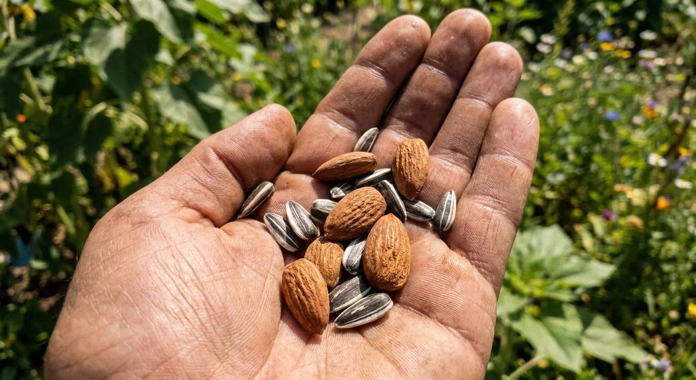 A close-up of a person's hand holding a mix of raw almonds and sunflower seeds.