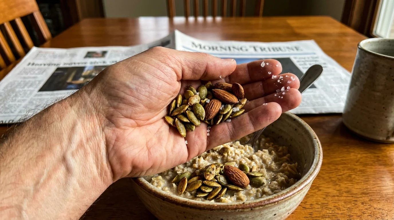 A close-up of a senior's hand adding almonds and pumpkin seeds to a bowl of breakfast oatmeal.