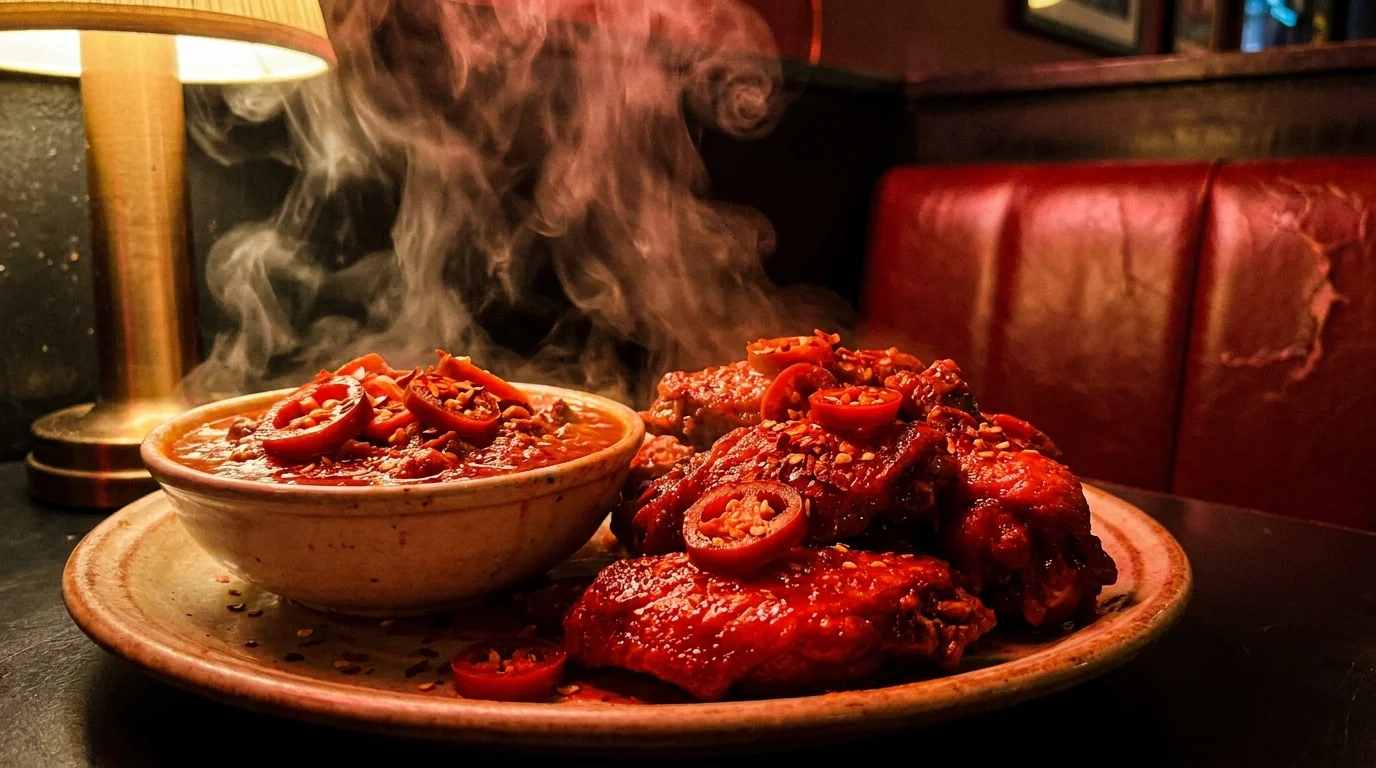 A close-up of a spicy dish with red peppers, illustrating foods that contain capsaicin.