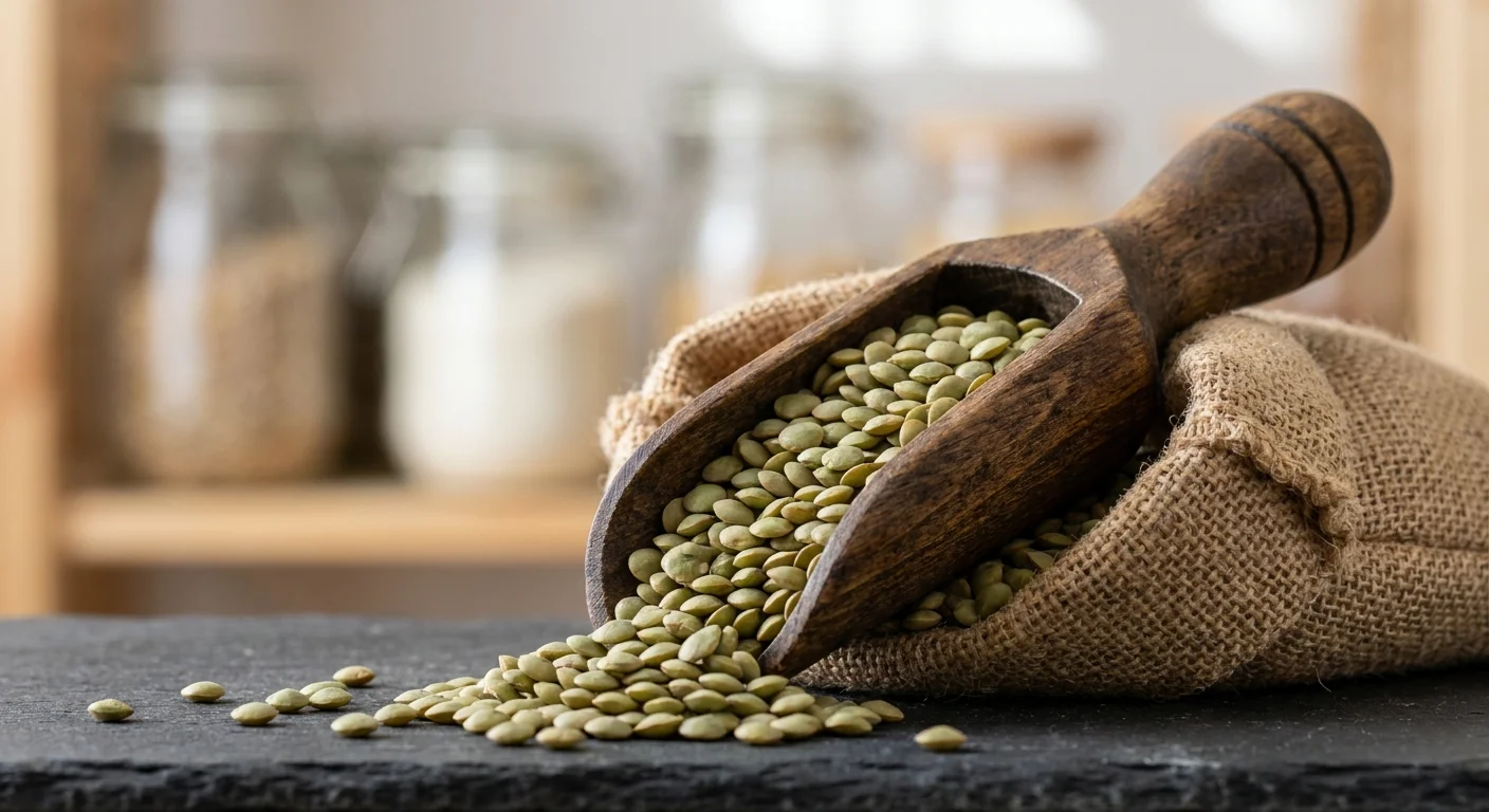 A close-up of a wooden scoop full of green lentils in a burlap sack.