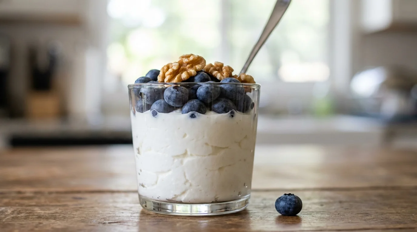 A close-up of a yogurt parfait with blueberries and walnuts in a glass cup, shot in soft morning light.