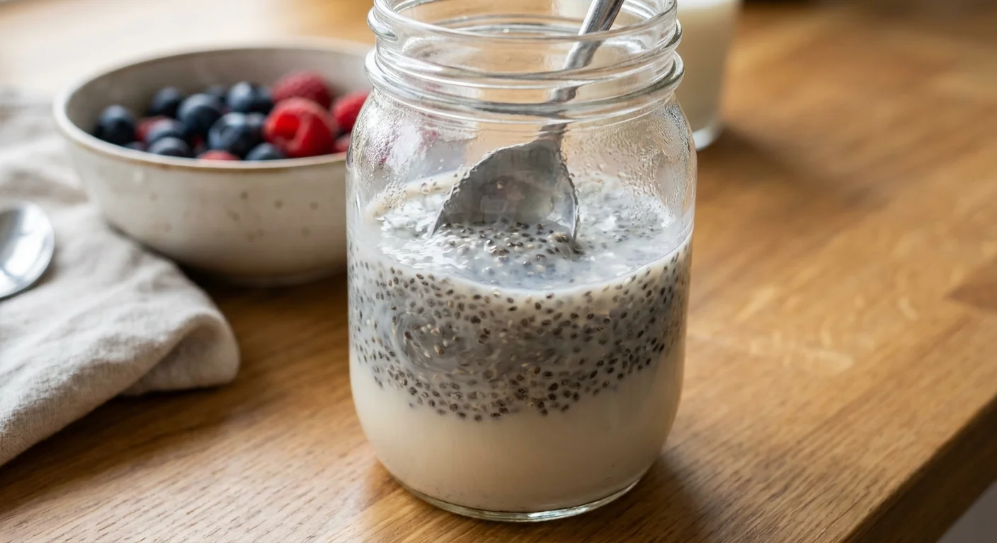 A close-up of chia seeds expanding in a glass of milk, showing the gel-like texture that slows digestion.