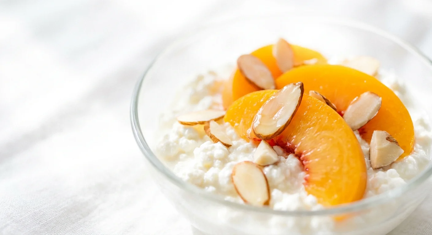 A close-up of creamy cottage cheese topped with fresh orange peach slices and crunchy almond slivers.