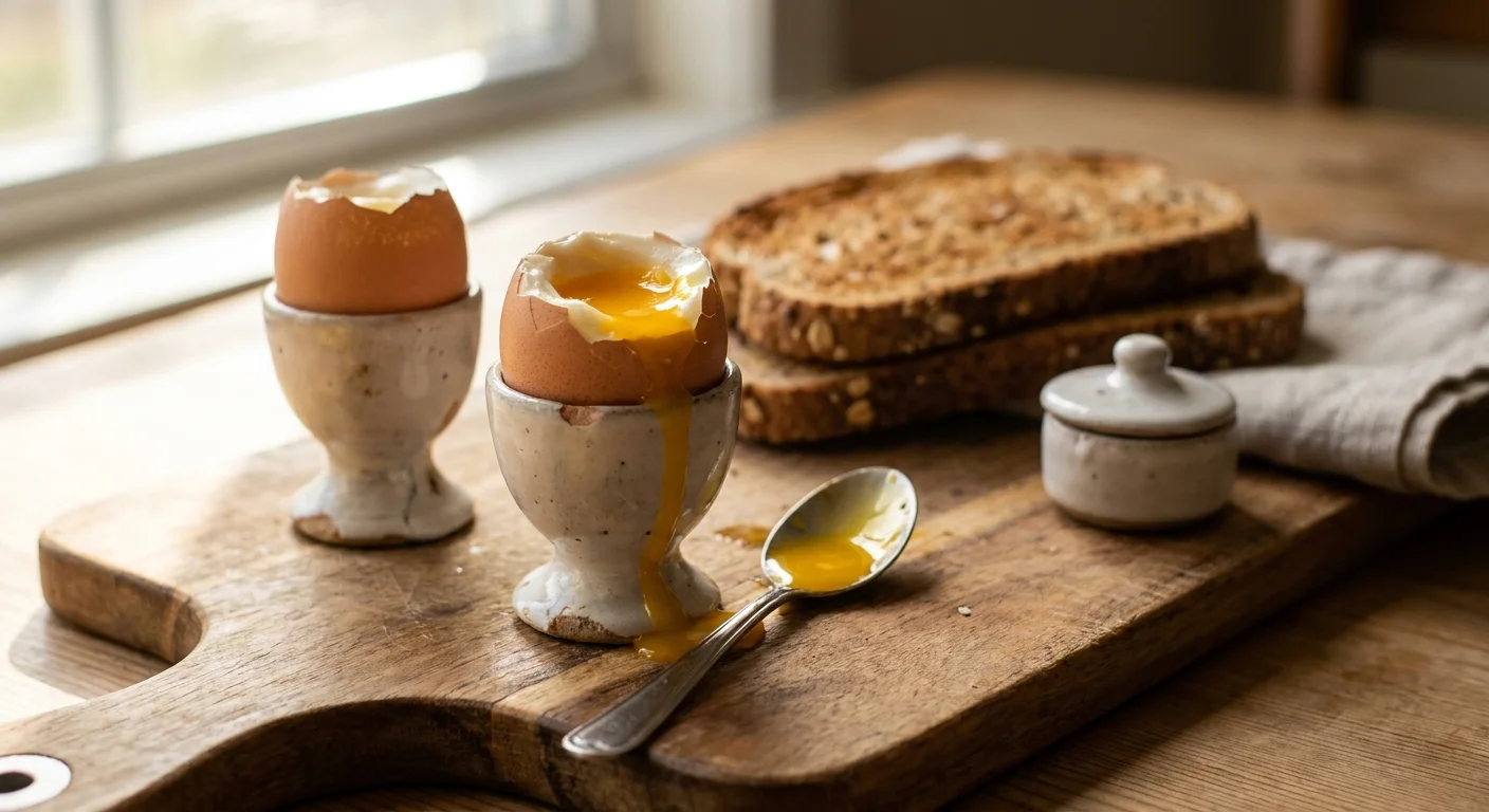 A close-up of soft-boiled eggs with runny yolks, emphasizing their role as a source of complete protein.