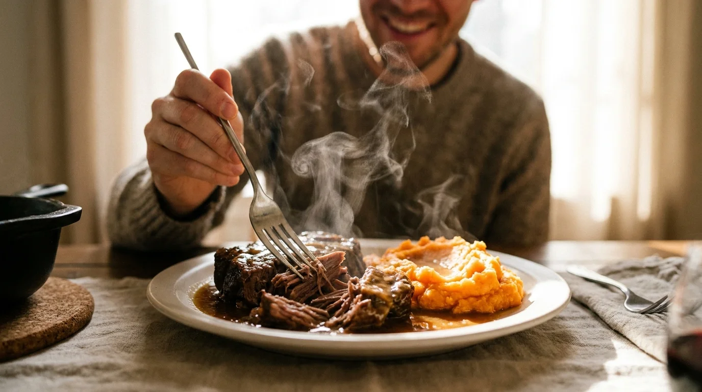 A close-up of tender, slow-cooked beef being flaked with a fork, showing a texture easy to eat.