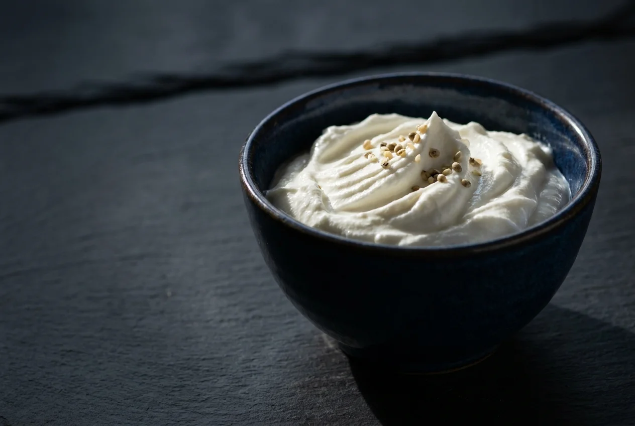 A close-up of thick Greek yogurt in a dark blue bowl, showing its dense, high-protein texture.
