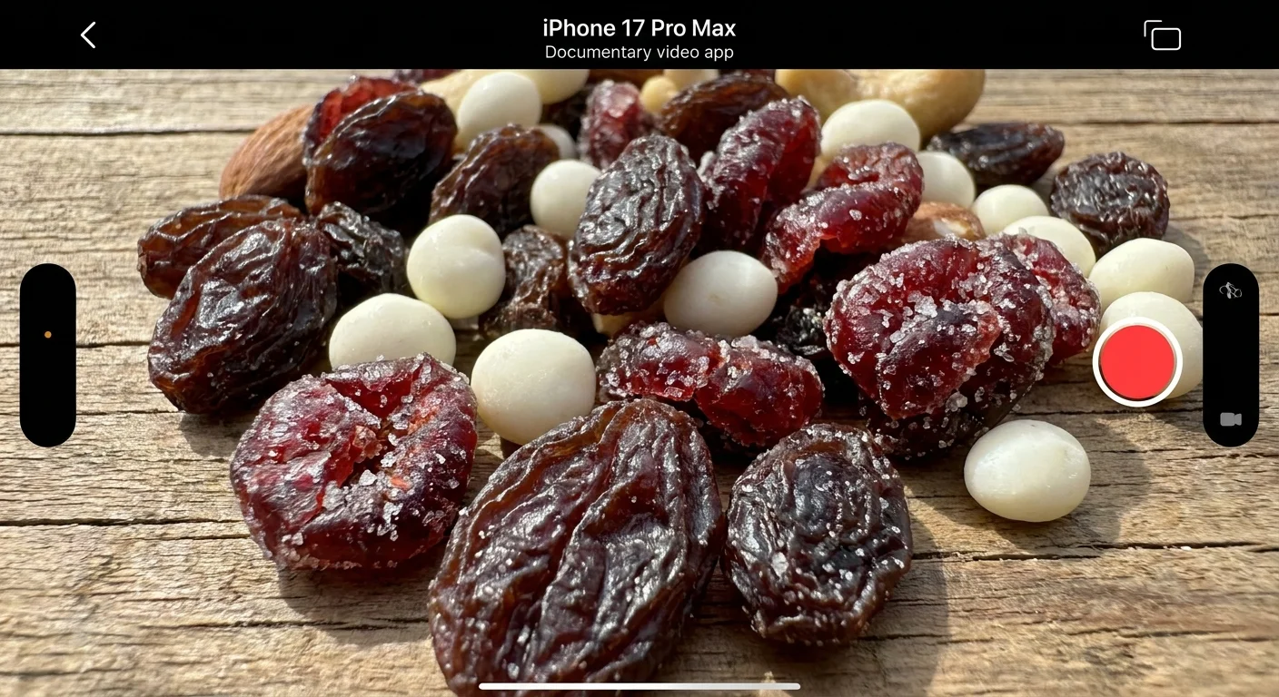 A close-up of trail mix showing a high proportion of dried fruit and sugary yogurt drops compared to nuts.