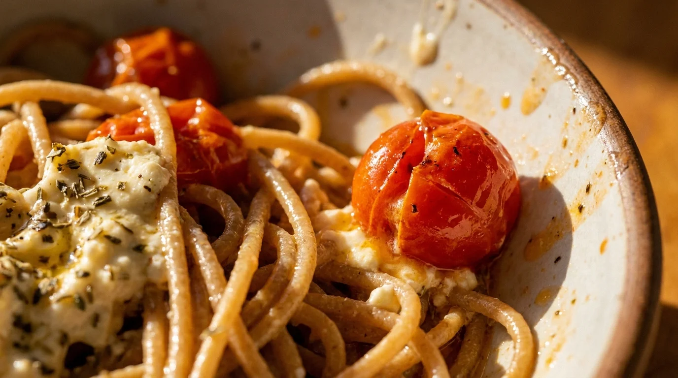 A close-up of whole wheat pasta with blistered cherry tomatoes and melting feta cheese, showing rich sauce textures.