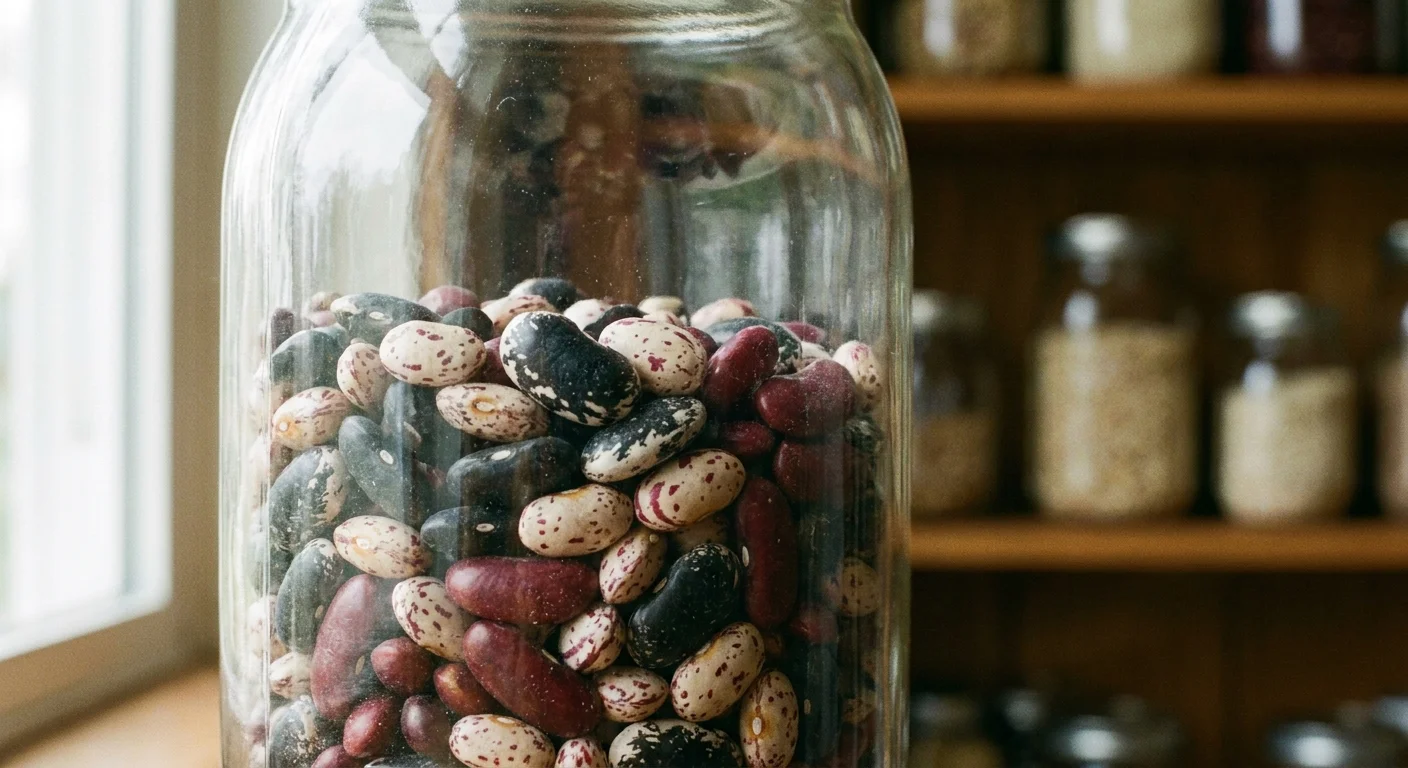 A close-up photo of a glass jar filled with colorful, patterned heirloom beans on a pantry shelf.