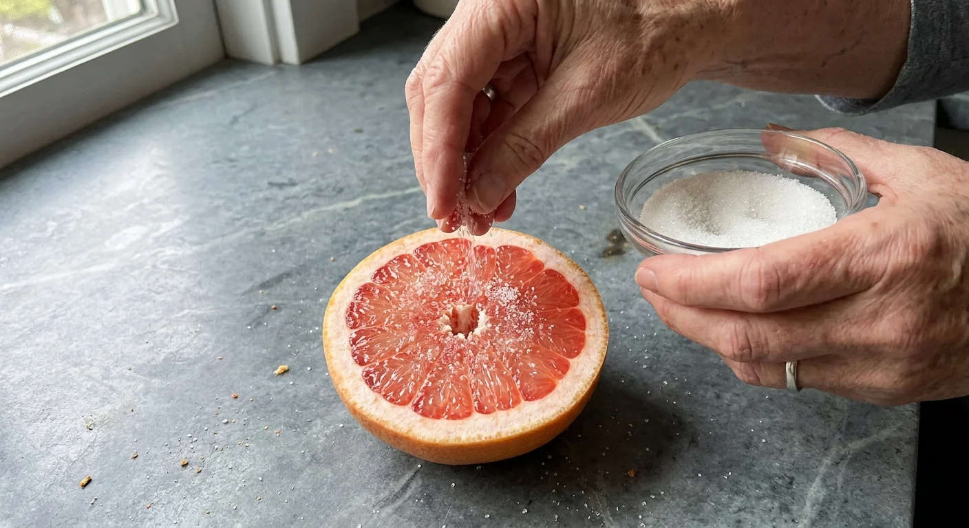 A close-up photo of a hand sprinkling sugar on a sliced pink grapefruit to balance its bitterness.