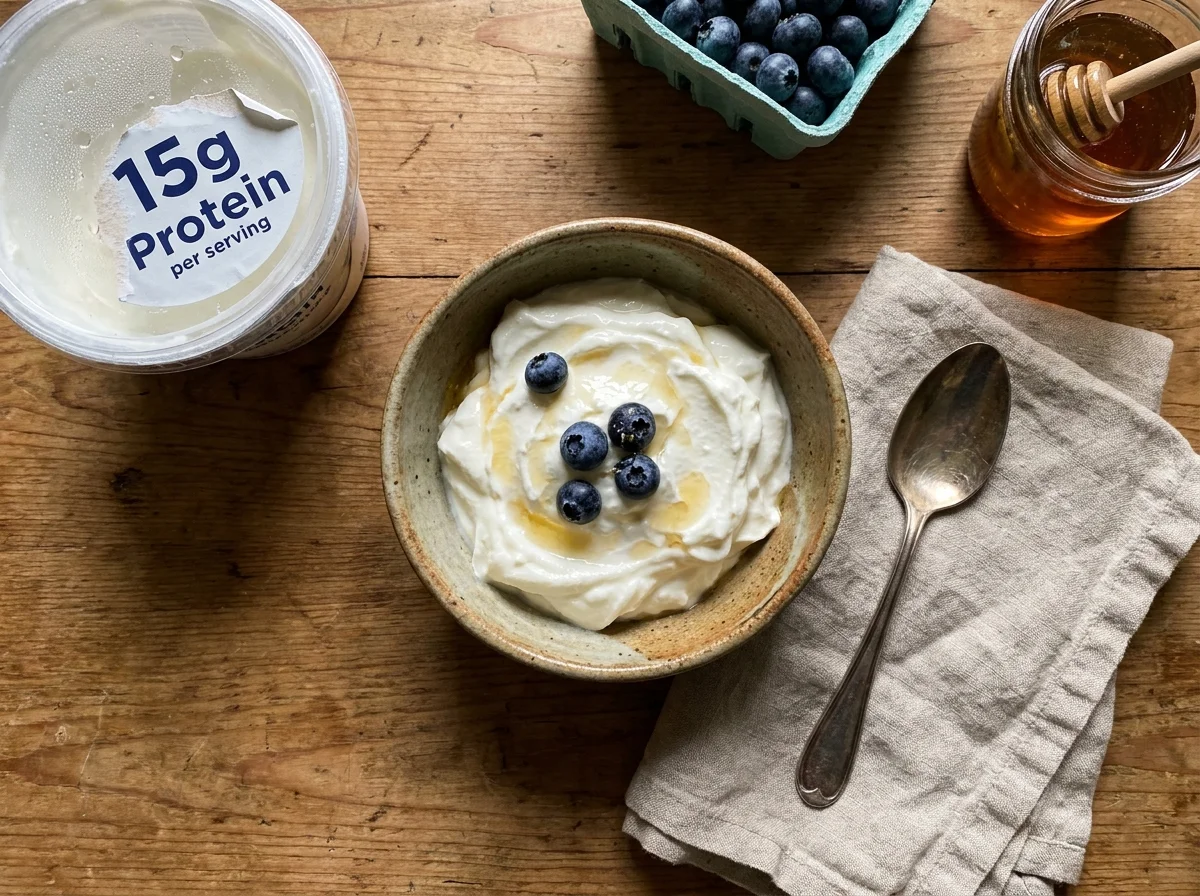 A close-up photo of Greek yogurt in a ceramic bowl with a label highlighting its 15 grams of protein.