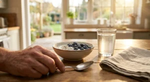 A close-up photograph of a healthy breakfast bowl with Greek yogurt and blueberries on a sunlit wooden table.
