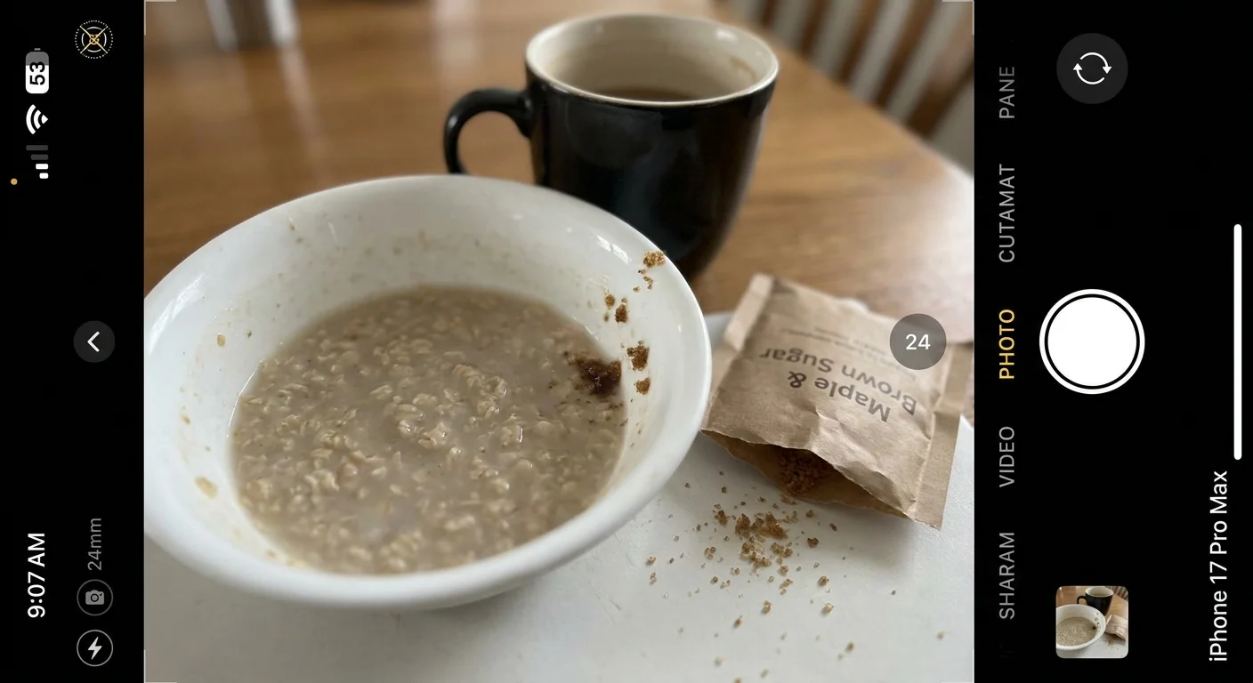 A close-up shot of a bowl of instant oatmeal next to a torn 'Maple and Brown Sugar' flavor packet.