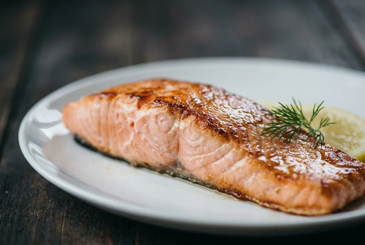 A close-up shot of a cooked salmon fillet, showing the moist texture and healthy fats.