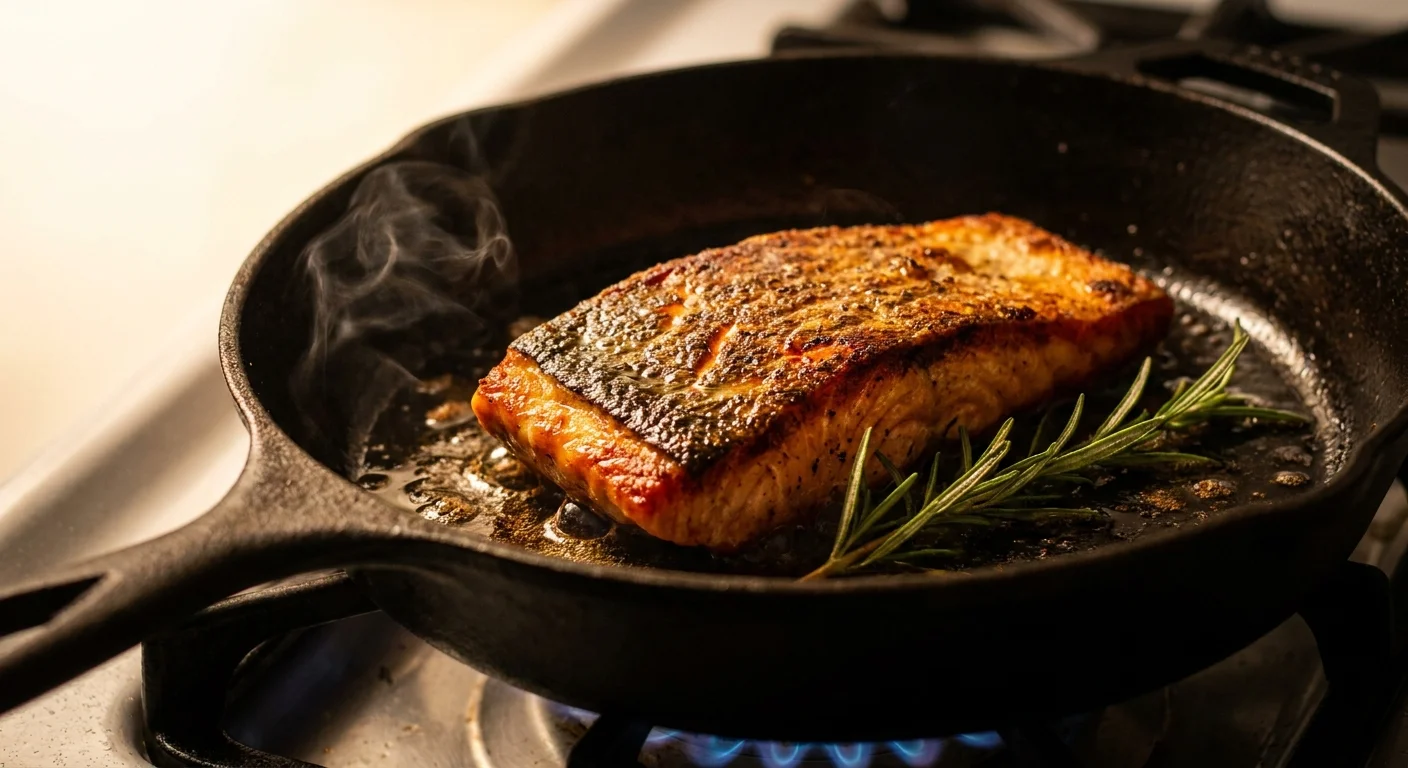 A close-up shot of a salmon fillet searing in a cast-iron pan with rosemary.