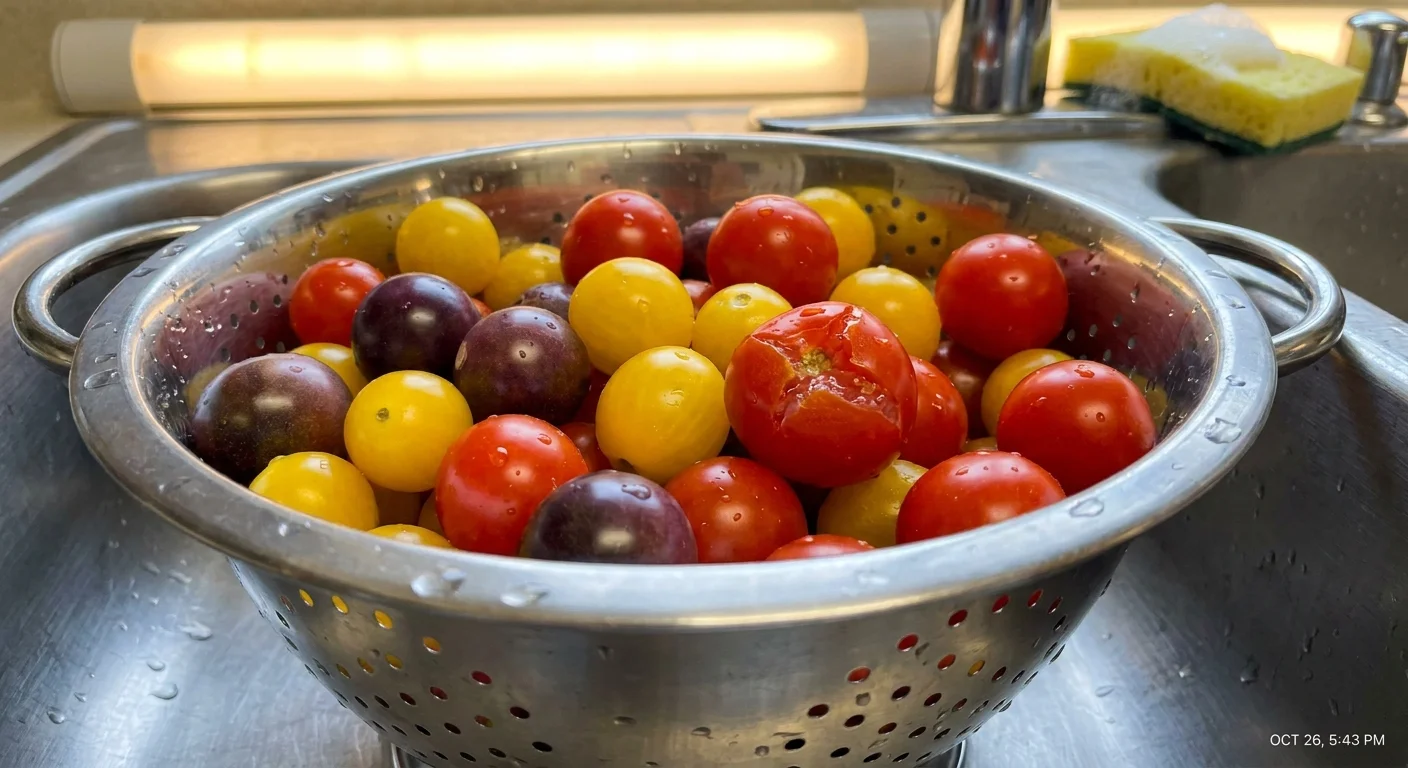 A colander of fresh cherry tomatoes in a sink, covered in water droplets.