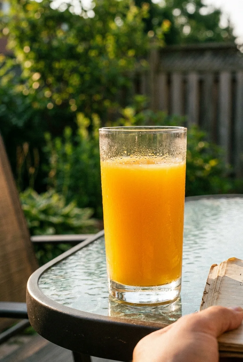A cold glass of orange juice with condensation on a patio table in the morning sun.