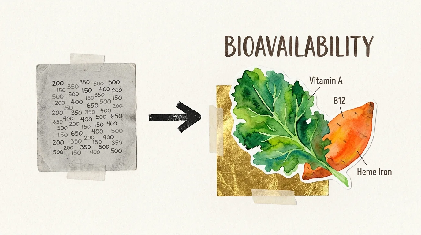 A collage contrasting dull grey numbers with vibrant, colorful watercolor illustrations of nutrient-dense vegetables.